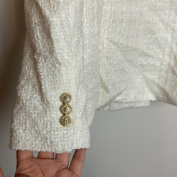 Zara Double Breasted Embossed Tweed Tailored Fit Ecru White Blazer Jacket - Picture 16 of 16